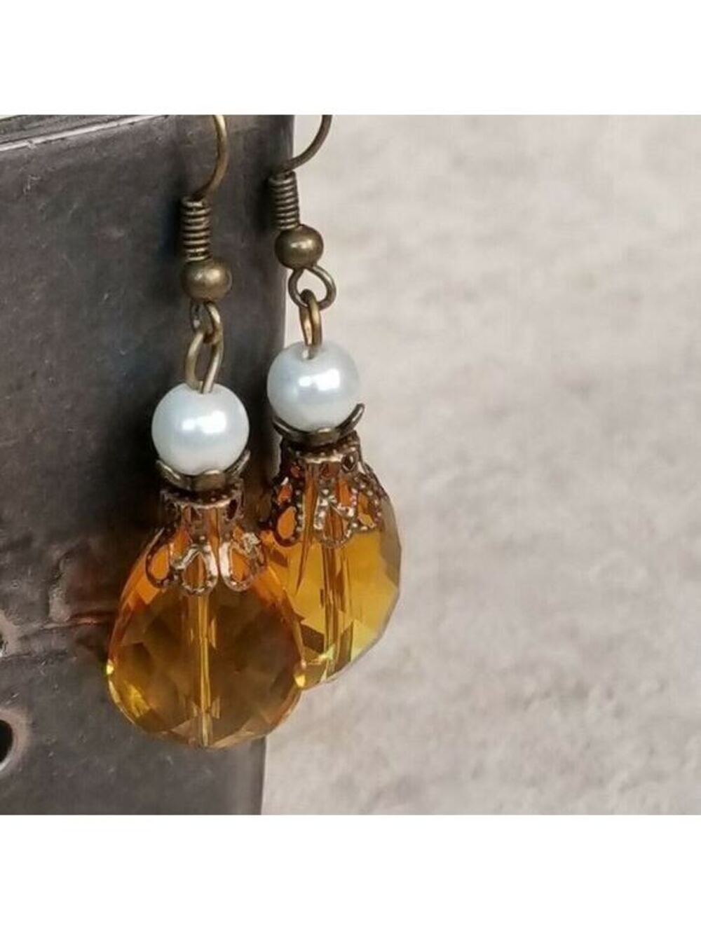 Steampunk Amber Faceted Glass Teardrop Antiqued Brass Dangle Earrings